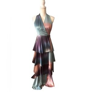 Hutch Amora ombré tiered Satin maxi gown Halter Wrap Dress bohemian maximalist S